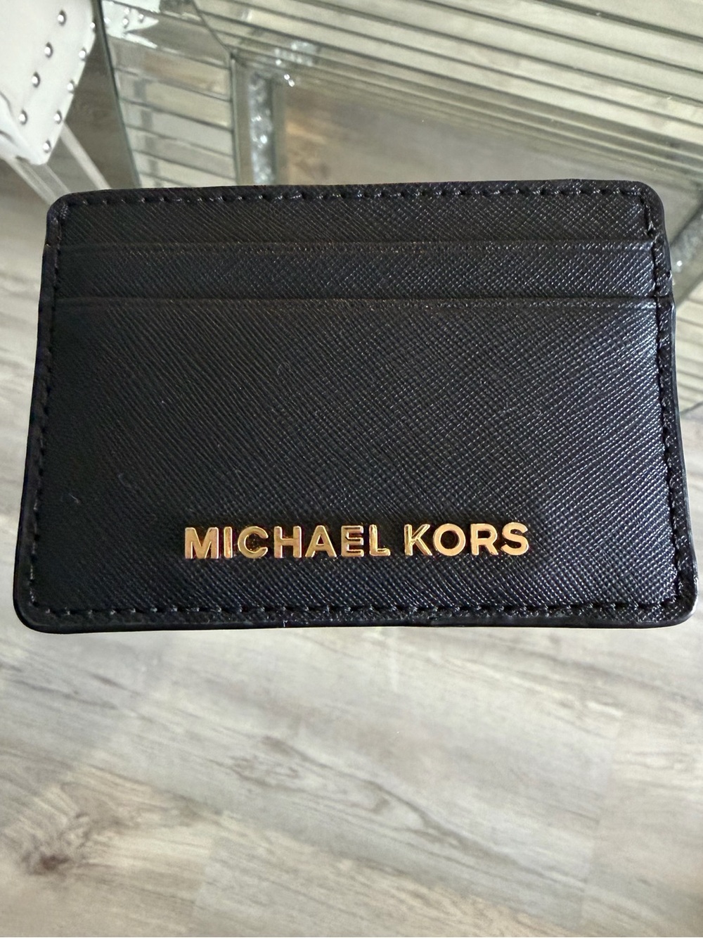 Michael Kors - Black Saffiano Card Case w/ Gold Logo & letter J initial on back